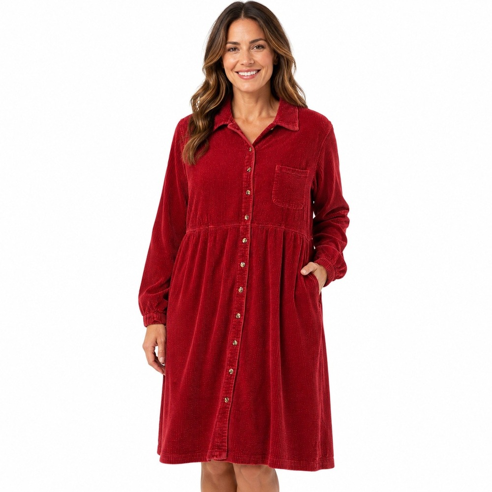 L.L. Bean Corduroy Shirt Dress Women 20 Reg Red Long Sleeve Button Front Pockets